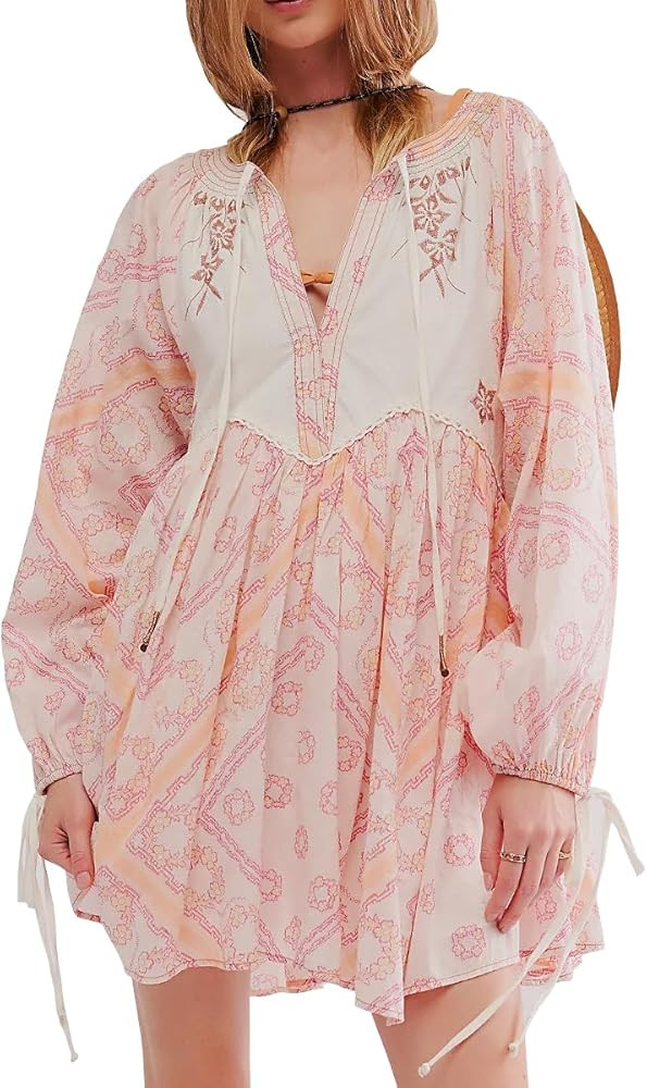 Women Boho Puff Sleeve Short Dress Floral V Neck Babydoll Dresses Shirt Dress Casual Mini Beach S... | Amazon (US)