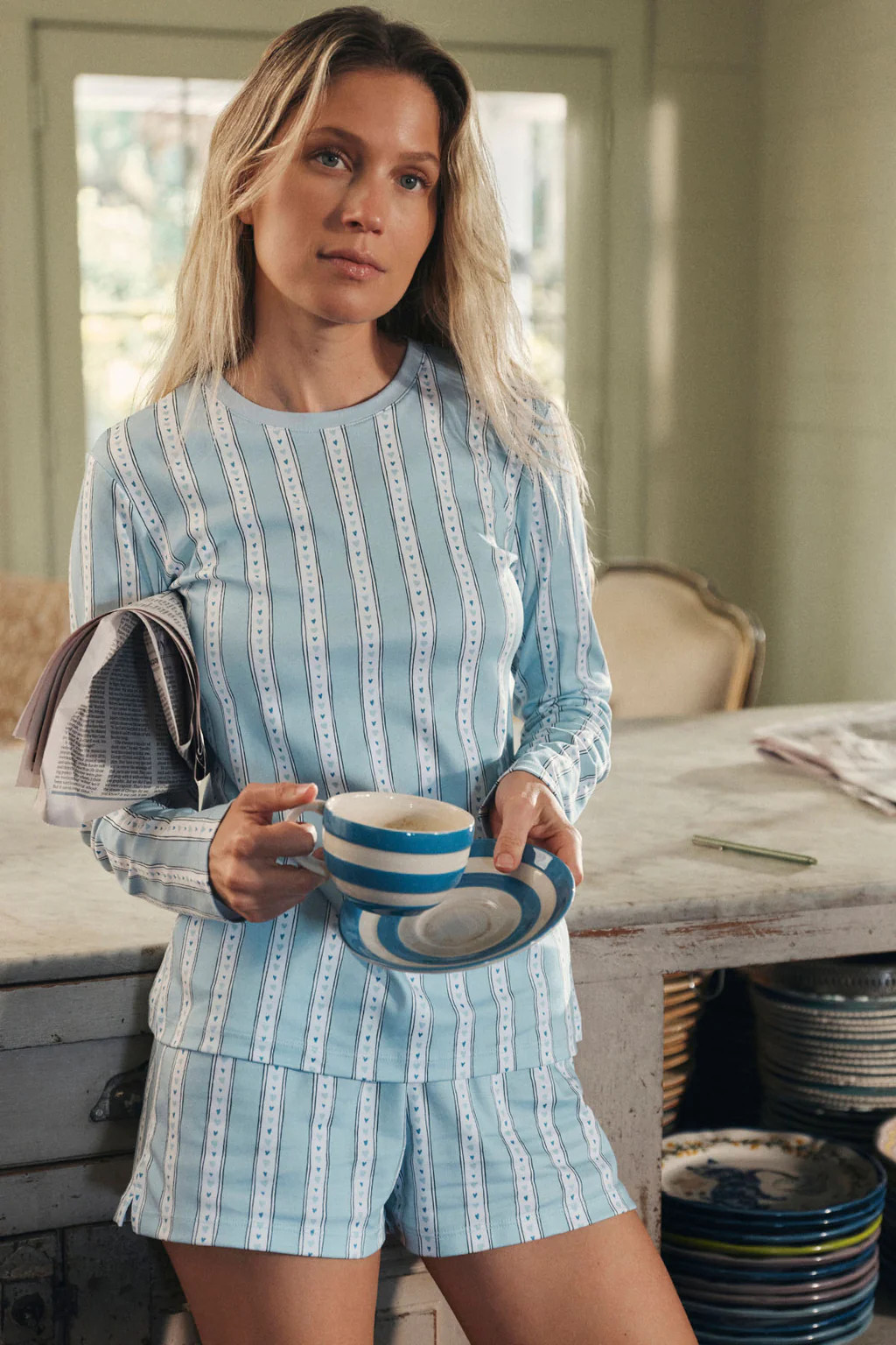 Pima Crew Long-Short Set in French Blue Love Stripe | Lake Pajamas