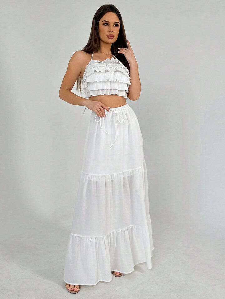 SHEIN Aloruh Vacation VACY Double Layered Cake Skirt With Backless Top And Strap, 2 Pcs/Set | SHEIN