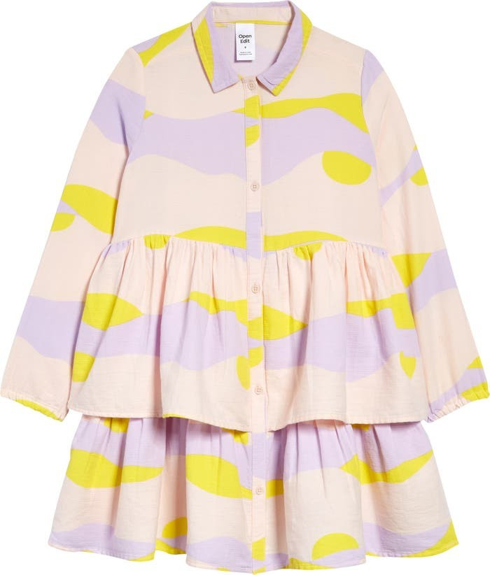 Kids' Long Sleeve Tiered Organic Cotton Shirtdress | Nordstrom