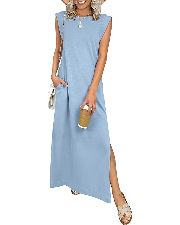 ANRABESS Women Summer Casual Sleeveless Maxi Dress 2026 Crewneck Loose Split Wrinkle-Free Beach T... | Amazon (US)