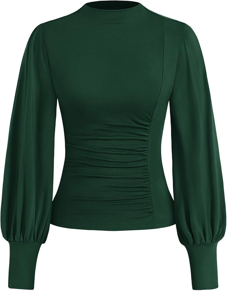 KIRUNDO Blouses for Women Dressy Casual Puff Long Sleeve Shirts Fitted Mock Neck Ruched Trendy To... | Amazon (US)