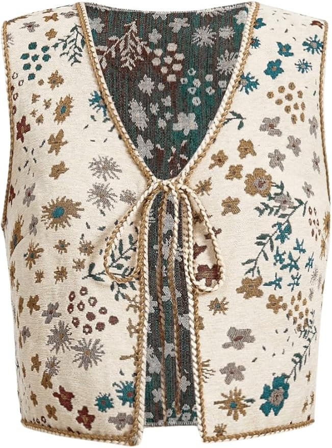 SweatyRocks Women's Floral Print V Neck Vest Tie Front Sleeveless Boho Vests Tops | Amazon (US)