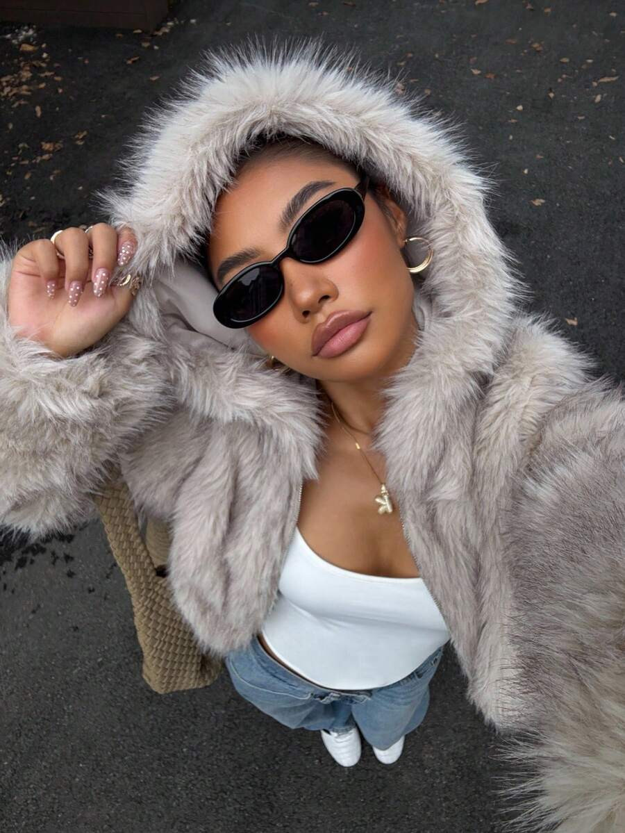 Muchica Women's New Faux Fur Hooded Short Jacket For Winter,, Fur Jacket,Winter Clothes Women,Fal... | SHEIN