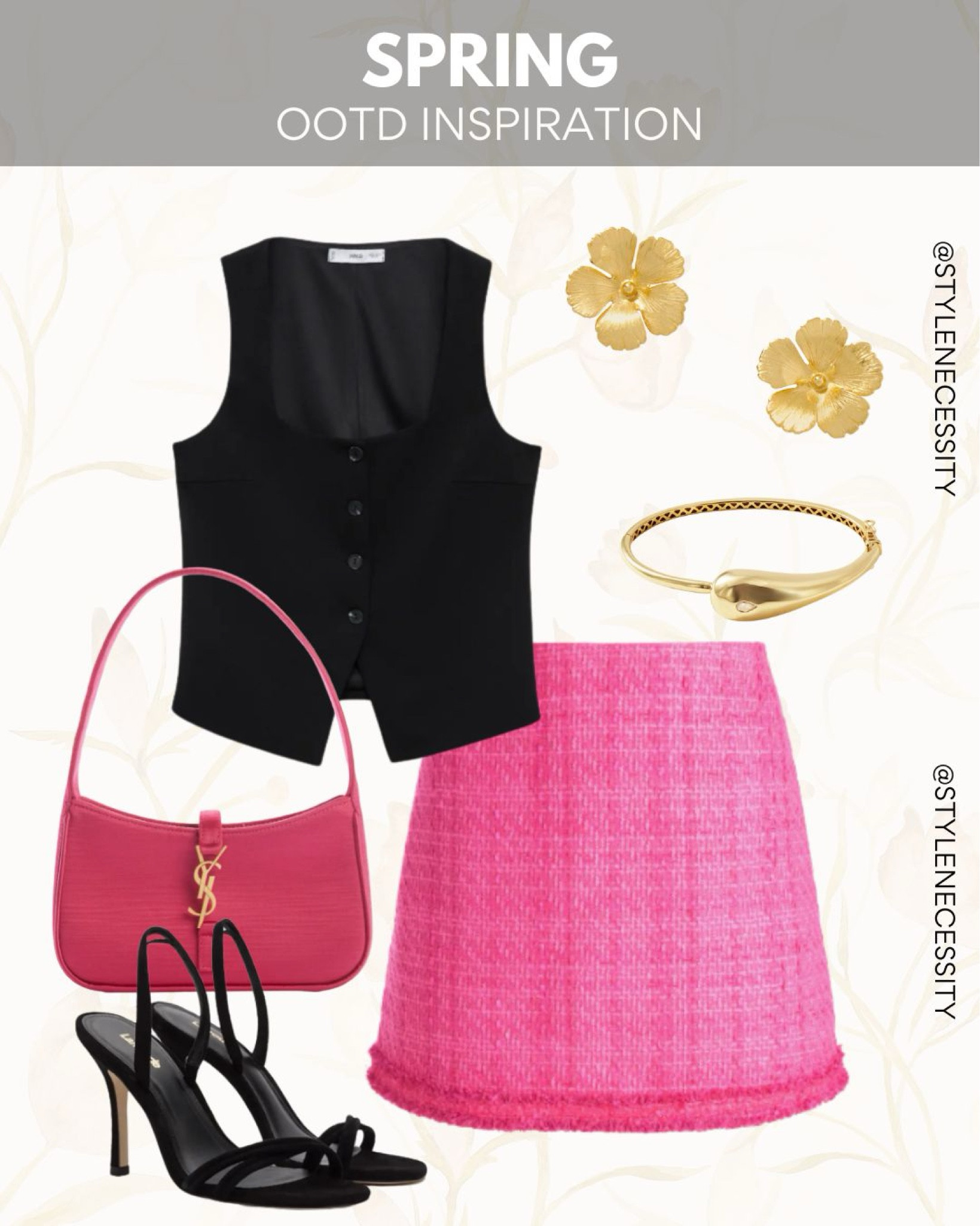 Spring is calling, and this chic OOTD is the answer! 🌸💖 This outfit blends bold and classy with a sleek black vest, a vibrant pink tweed skirt, and luxe accessories. Perfect for brunch dates, spring parties, or a stylish day out!

✨ Outfit Details:
	•	Black button-up vest 🖤
	•	Pink tweed mini skirt 🎀
	•	Black strappy heels 👠
	•	Hot pink YSL bag 💼
	•	Gold floral earrings 🌼
	•	Sleek gold bracelet 💛

#SpringFashion #OOTDInspo #ChicStyle #SpringVibes #TrendyLook #WardrobeGoals #SpringOutfit #PinkAesthetic #FashionForward #StreetStyle #LuxuryAccessories #DateNightOutfit #StyleInspo 💃

#LTKspring #LTKstyletip #LTKuk