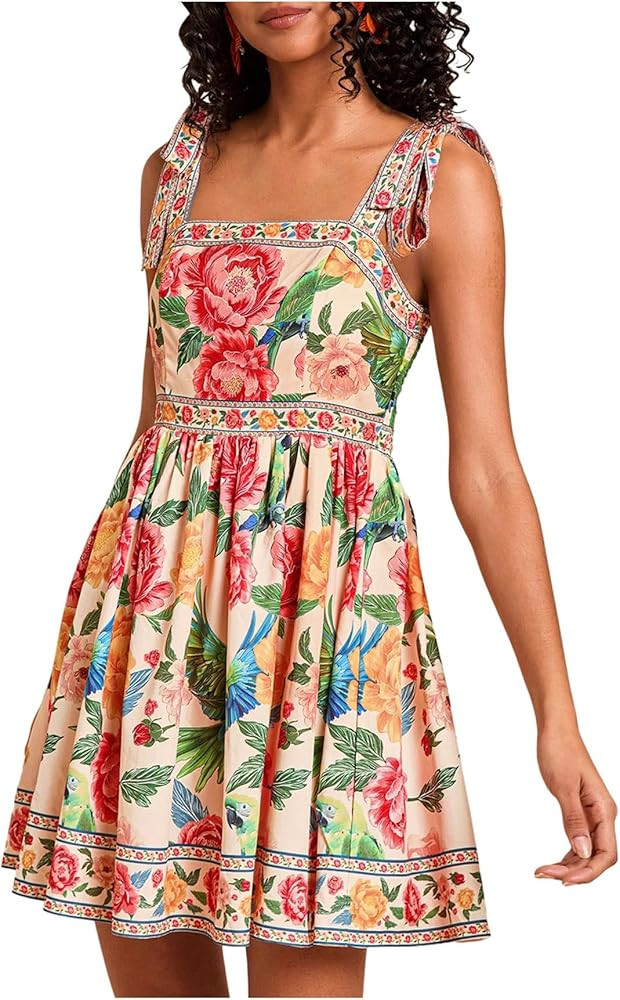 OYOANGLE Women's Boho Dress Floral Tropical Vacation Dress Sleeveless Tie Shoulder Summer Flowy M... | Amazon (US)