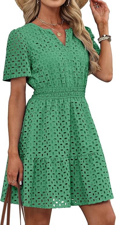 RUMIA Womens Dresses 2026 Summer V Neck Eyelet Lace A Line Short Dress | Amazon (US)