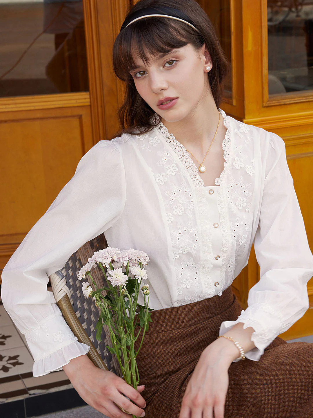 Nyra Lace Panel Embroidery Ruffle Sleeve Cotton Blouse | SimpleRetro