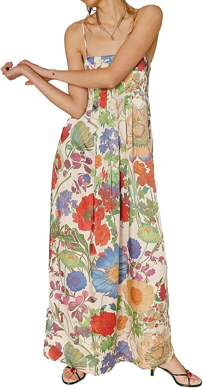 ABYOVRT Women Boho Floral Maxi Dress Backless Spaghetti Strap A-Line Flowy Summer Vacation Long D... | Amazon (US)