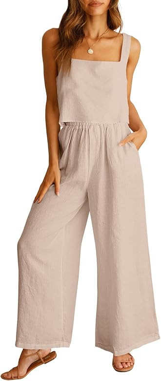 ANRABESS Women's 2 Piece Outfits Square Neck Linen Tank Crop Top Wide Leg Pants Matching Lounge S... | Amazon (US)