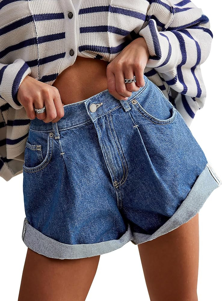 Womens Jean Shorts, Stretchy Denim Shorts with Pockets Elastic Waisted Relaxed Fit | Amazon (US)