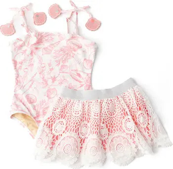 Kids' Seaside UPF 50+ One-Piece Swimsuit & Cover-Up Skirt Set | Nordstrom