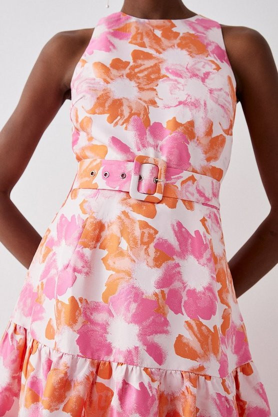 Belted Midi Dress With Frill Hem In Jacquard | Coast UK & IE