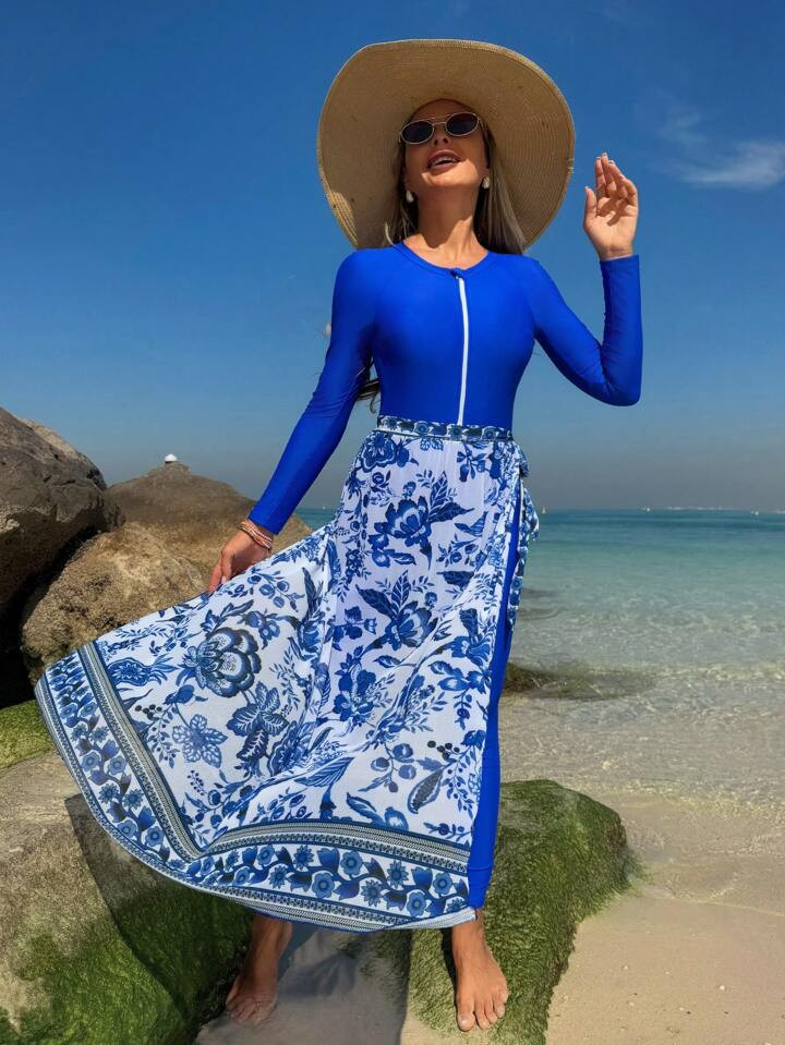 blue floral swimsuit  | SHEIN