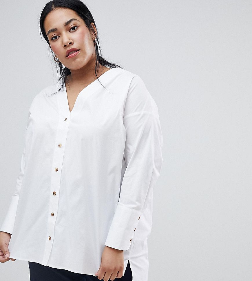 ASOS DESIGN Curve longline long sleeve shirt with horn button detail - White | ASOS US