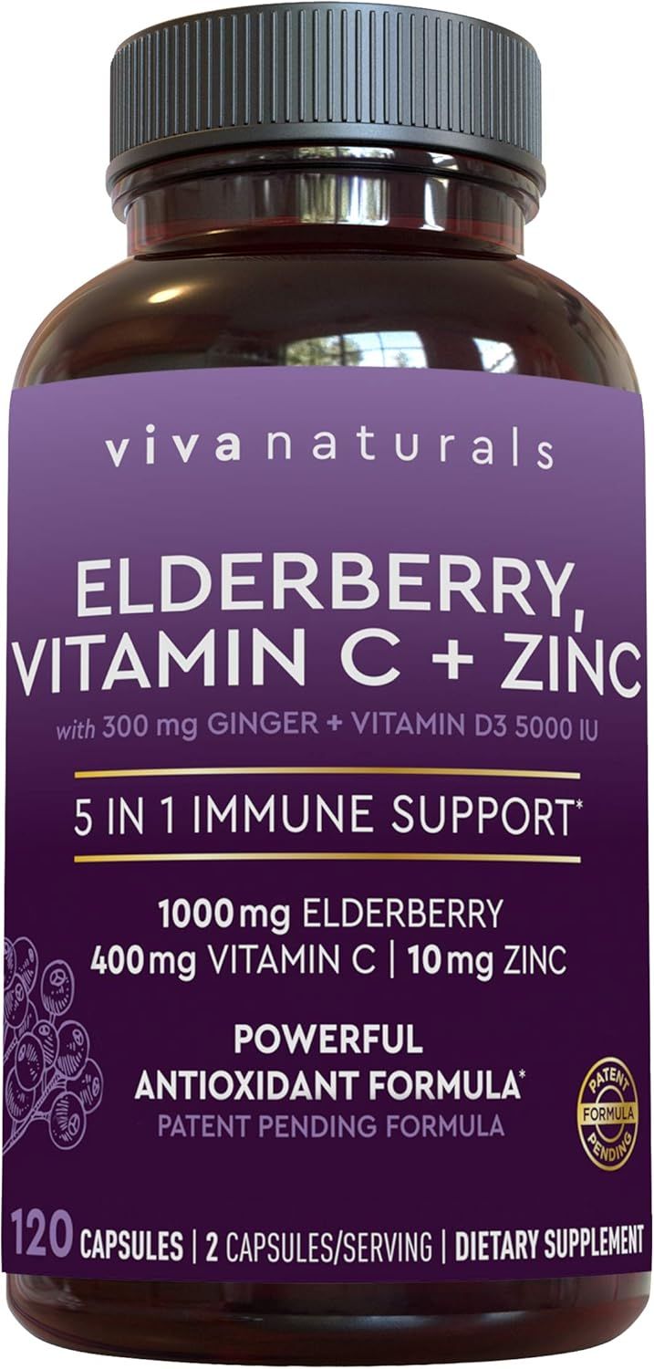 Viva Naturals Elderberry, Vitamin C, Zinc, Vitamin D 5000 IU & Ginger - Antioxidant & Immune Supp... | Amazon (US)