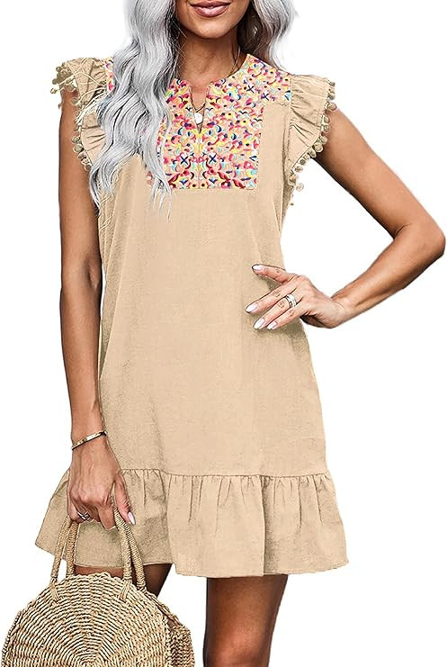 KIRUNDO 2023 Women's Summer Mini Dress Casual V Neck Floral Embroidered Ruffle Sleeveless Shift D... | Amazon (US)