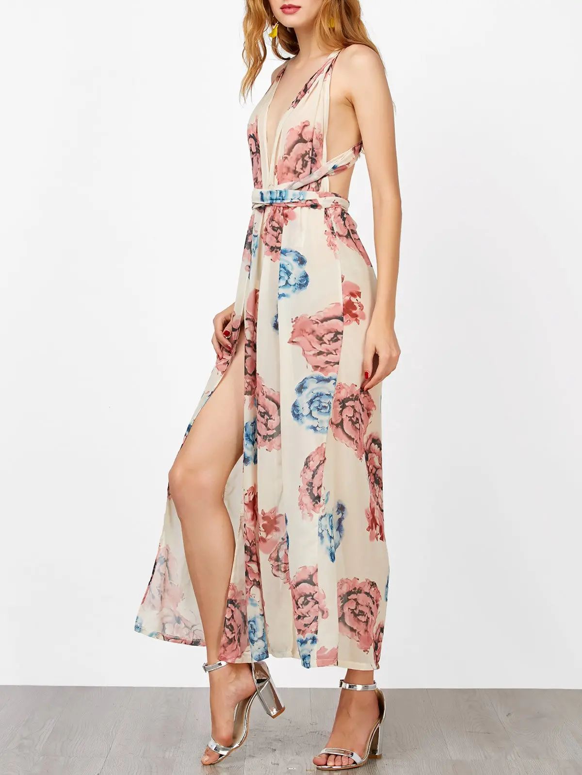 Criss Cross Backless Maxi Floral Dress with Slit | Rosegal US