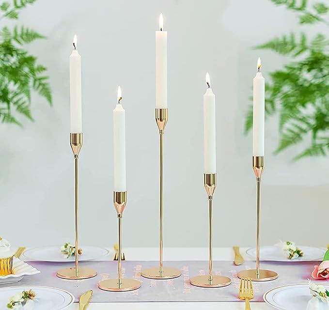 Gold Candlestick Holders Set of 5, Gold Candle Holder Taper Candle Holders, Metal Candle Stick Ho... | Amazon (US)