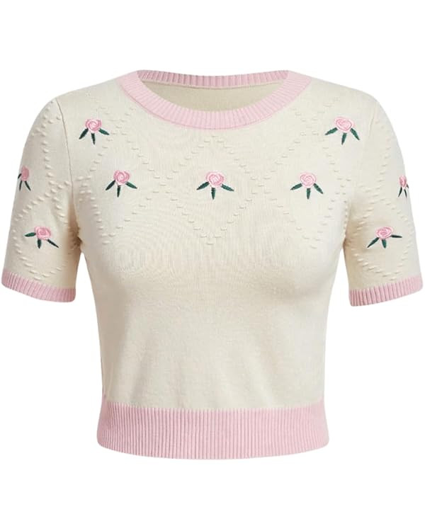 Verdusa Women's Colorblock Embroidery Short Sleeve Round Neck Sweaters Pullover Knit Tops | Amazon (US)