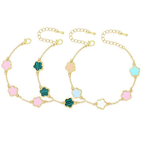 Vpanda Clover Bracelets for Women Set of 3 Gold Tone Adjustable Four Leaf Lucky Charms Bracelets in Pink Green Trendy Jewelry Gift for Women | Amazon (US)