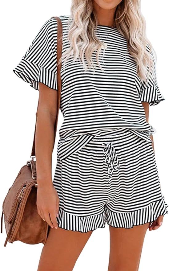 KIRUNDO 2021 Summer Women's Stripe Pajamas Sets Round Neck Short Sleeve Two Piece Pjs Loungewear ... | Amazon (US)
