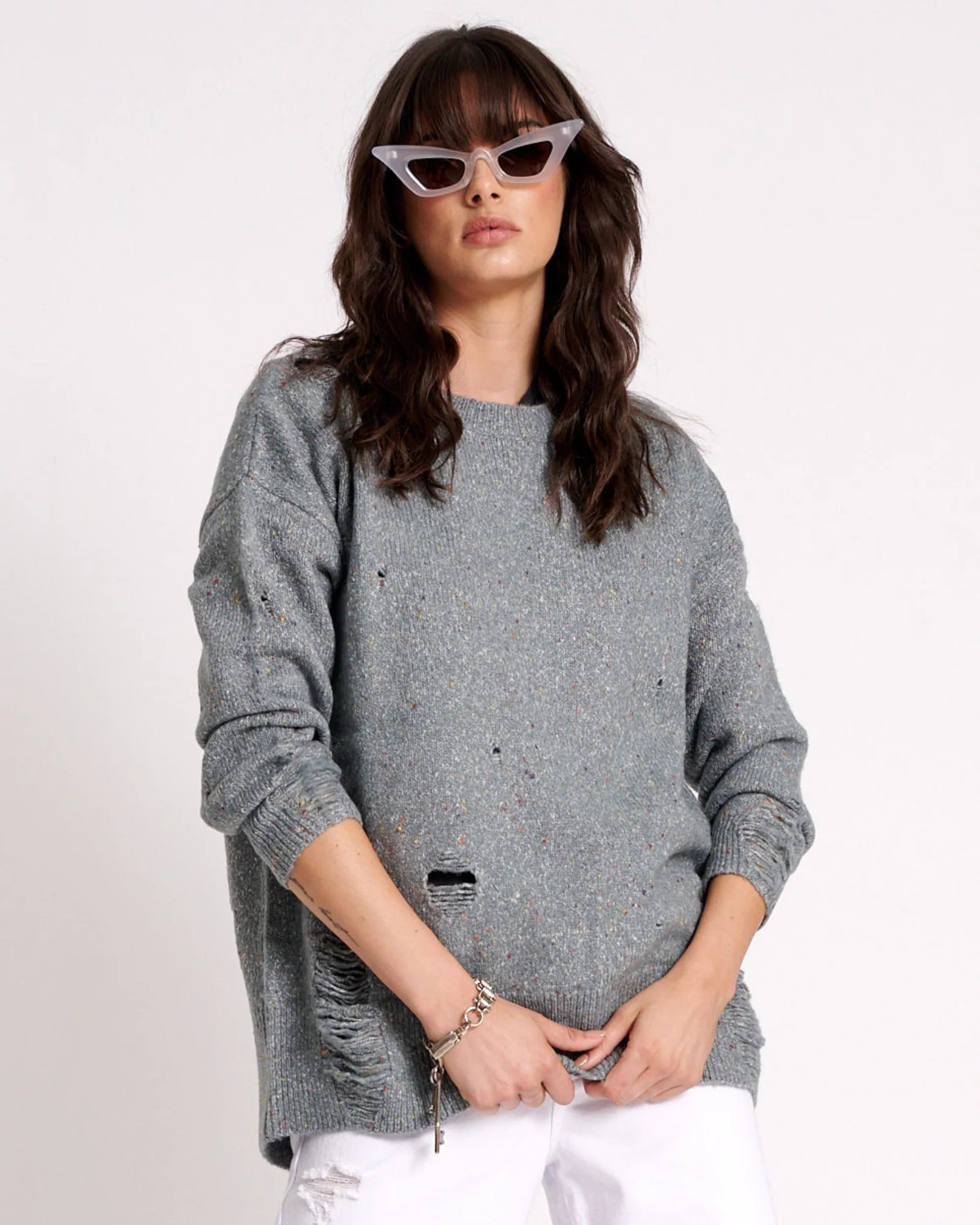 One Teaspoon Distressed Fisherman Knit Sweater - Grey Size MED | OneTeaspoon