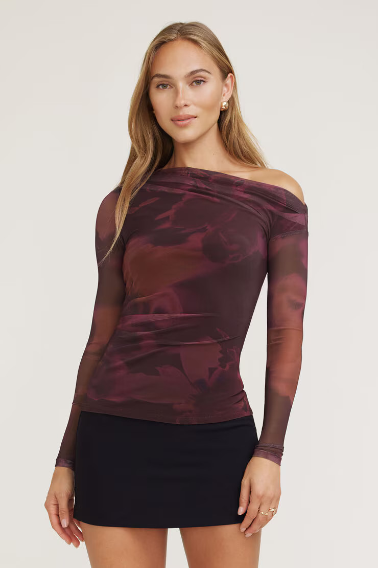 Cleo Printed Mesh Long Sleeve Top | Dynamite Clothing