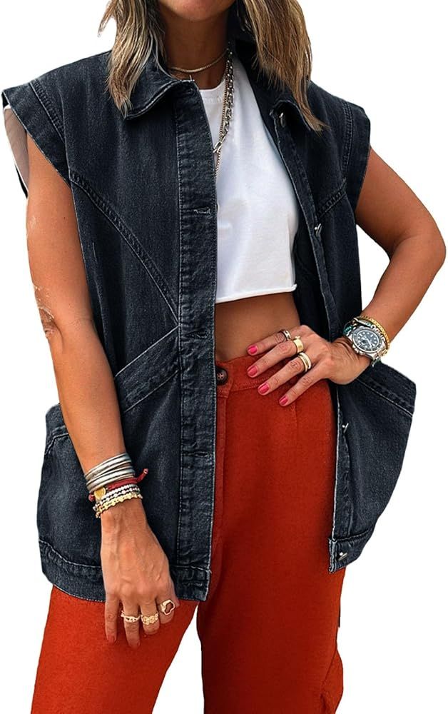 PLNOTME Womens Oversized Sleeveless Denim Vest Classic Button Down Jean Vest Casual Utility Lapel... | Amazon (US)