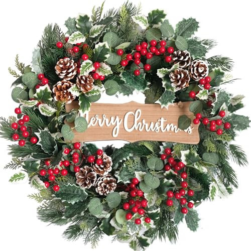 idyllic Christmas Wreath-22 Christmas Decoration Wreaths for Front Door Winter Spring Wreath with Pine Needles Eucalyptus Holly Leaves Pine Cones Red Berries for Indoor Outdoor Home Wall Decor | Amazon (US)