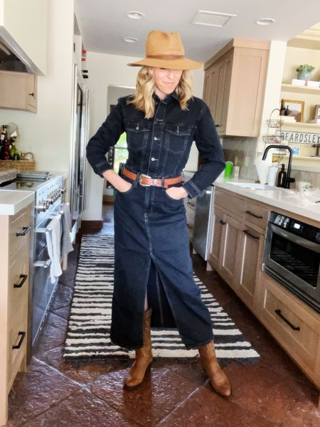 Western wear edition: washed black jean dress with front slit. Perfect for a country concert or Western event. Add a brown belt, boots and a hat and off you go. Dress is tts. Laura wearing a 2 here. 

#LTKOver40 #LTKSeasonal #LTKStyleTip