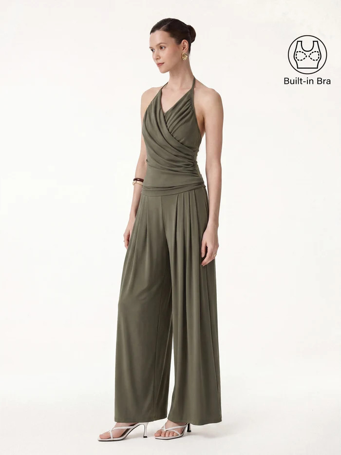 2Pcs Set Halter Neck Surplice Bra Top & Tucked Palazzo Pant with Pockets | OGLmove