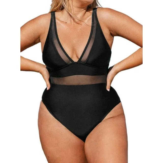 Cupshe Women Plus Size One Piece Swimsuit V Neck Mesh Sheer Tummy Control Bathing Suit with Adjus... | Walmart (US)