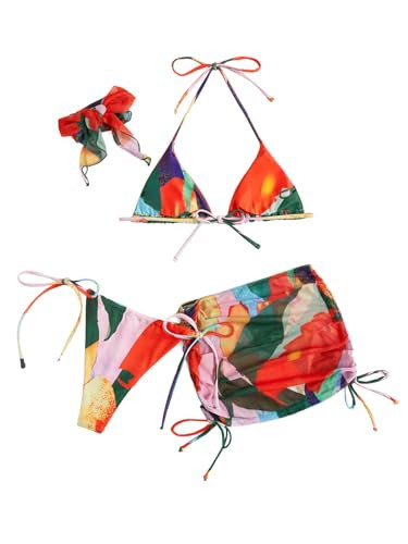 SOLY HUX Women's 4 Piece Swimsuits Triangle Bikini Bathing Suits with Mesh Beach Skirt & Bandana Bikini Sets | Amazon (US)