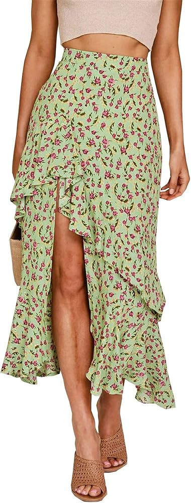 BTFBM Women 2023 Summer Spring Boho Long Skirts Dress Floral Print Elastic Waist Split Ruffle Hig... | Amazon (US)