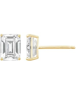 10K or 14K Real Solid Gold Stud Earrings for Women | White or Yellow Gold Emerald Cut Solitaire S... | Amazon (US)