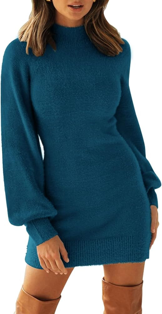ZESICA Women's Casual Turtleneck Long Puff Sleeve Soft Fuzzy Knit Bodycon Pullover Mini Sweater D... | Amazon (US)