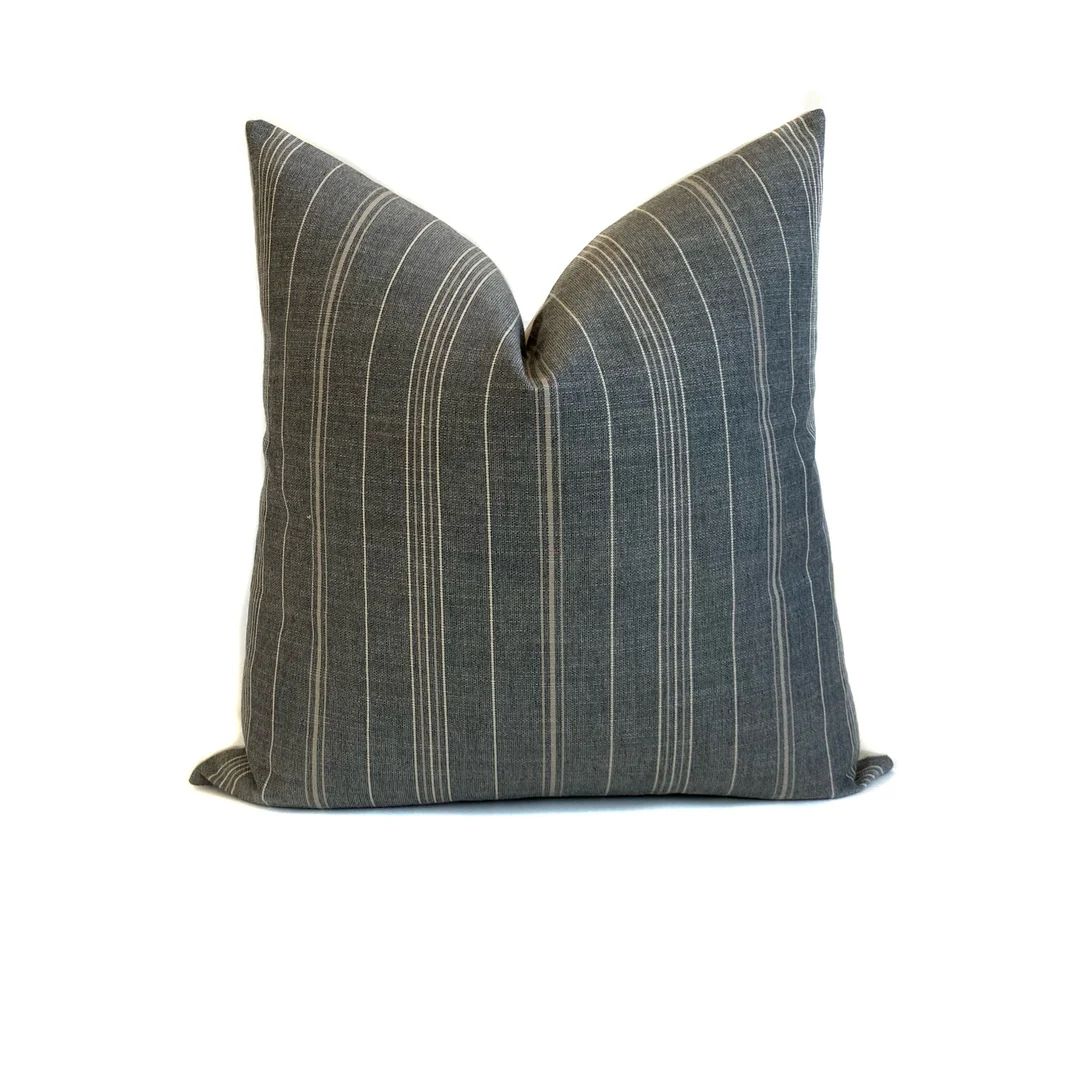Grey Striped Indoor Outdoor Pillow Farmhouse Designer Sutton - Etsy | Etsy (US)