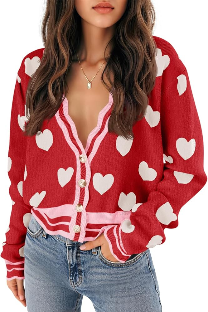 Saodimallsu Womens Cute Heart Cardigan Sweaters Button V Neck Long Sleeve Color Block Knit Valent... | Amazon (US)
