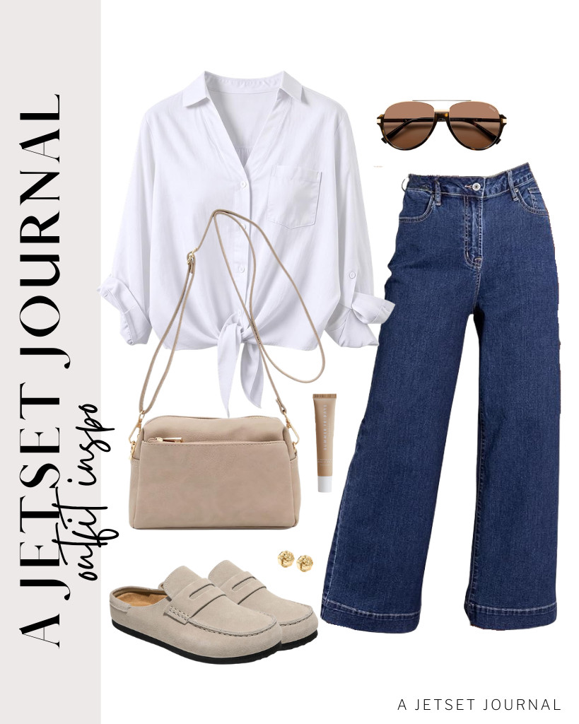 We love this white Omoone tie-front shirt, which pairs perfectly with Dokotoo high-waisted jeans. You can wear these Project Cloud leather clogs and use this crossbody bag that goes with the fit. Finish this chic look with SOJOS retro aviator sunnies.

#LTKSeasonal #LTKSaleAlert #LTKTravel
 

 