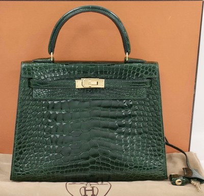 HERMES KELLY 25 SELLIER ALLIGATOR Green Vert Emeraude Gold HW Top Handle Bag | eBay US