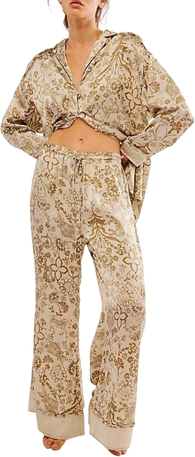 Yimoon Satin Pajama Set for Women Floral Silk Pajamas Set 2 Piece Cute Long Sleeve Pjs Sleepwear | Amazon (US)