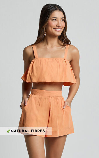 Hannah Two Piece Set - Frill Crop Top and High Waist Shorts in Sherbet Orange | Showpo (US, UK & Europe)