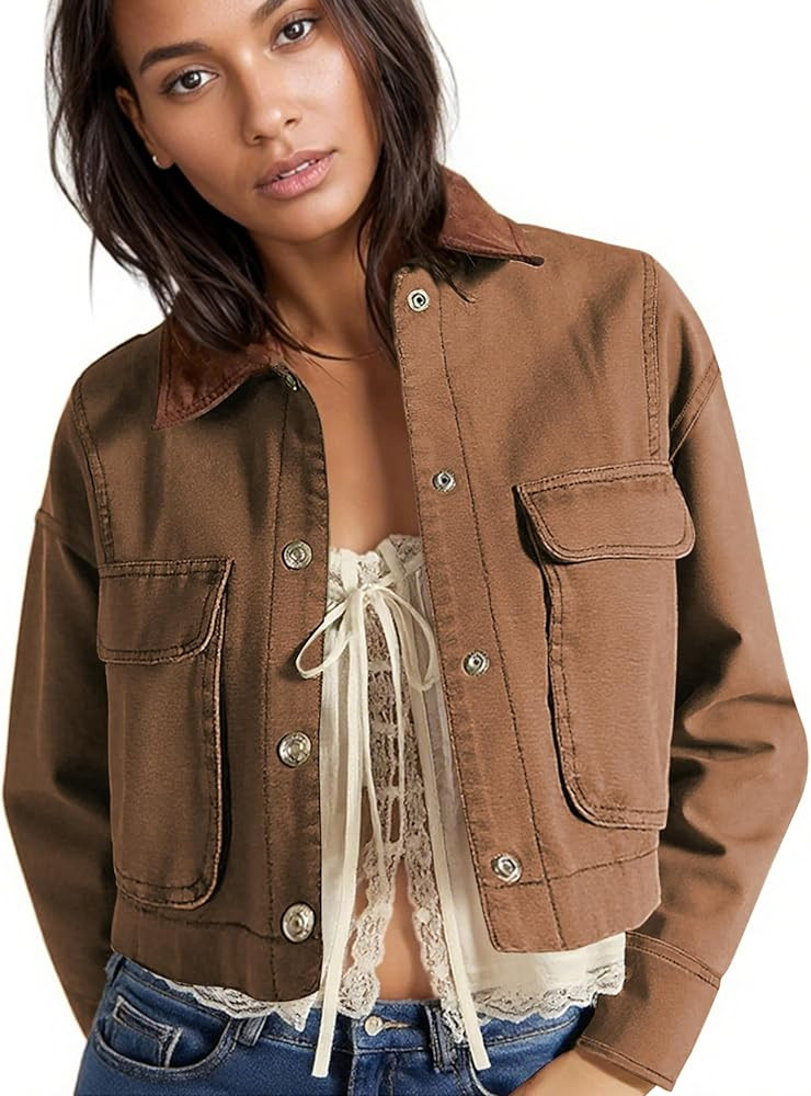 HangNiFang Cropped Barn Jacket for Women 2025 Contrast Collar Outwear Long Sleeve Cotton Short Ca... | Amazon (US)