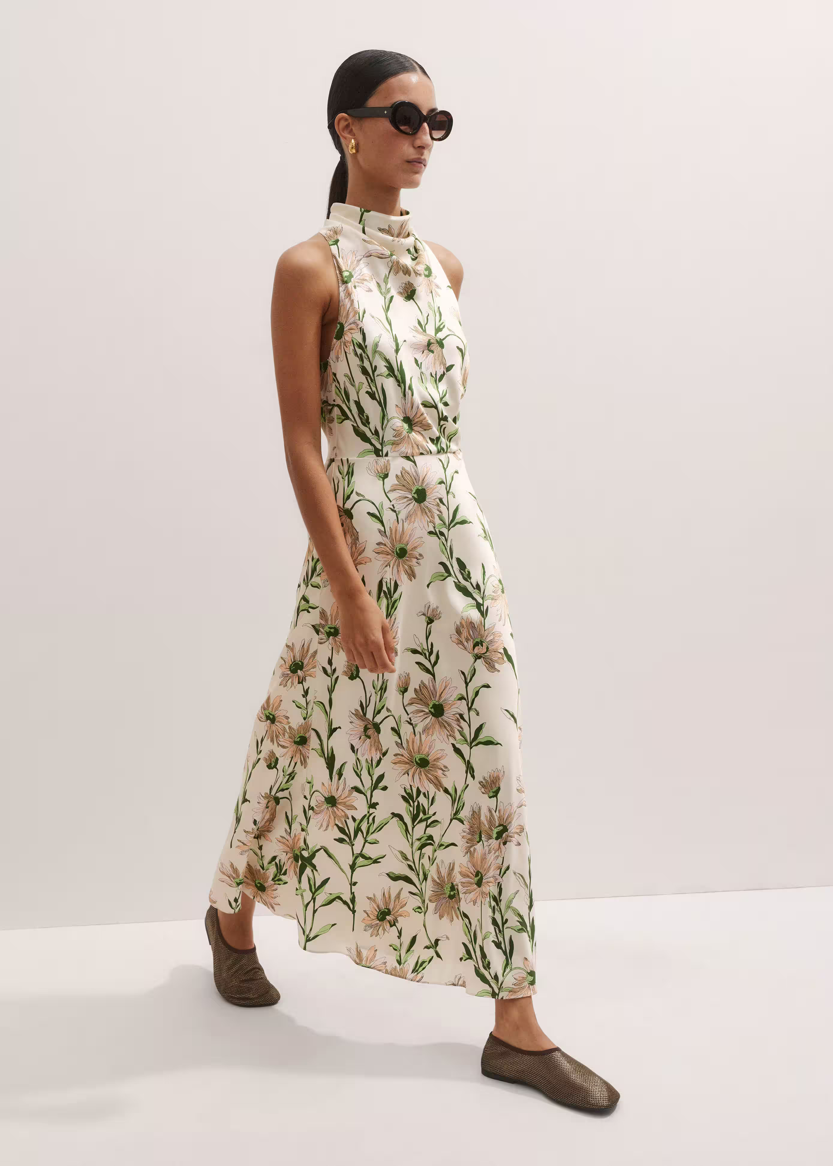 Silk Growing Daisy Print Halterneck Maxi Dress Silk Satin | ME+EM Global (Excluding US)