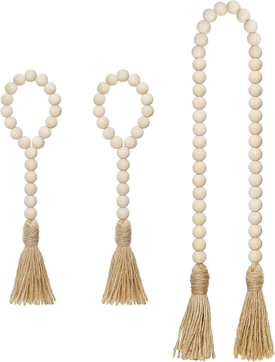 Mkono Wooden Beads Garland with Tassels 3 Pcs Prayer Beads Farmhouse Rustic Wood Bead String Wall... | Amazon (US)