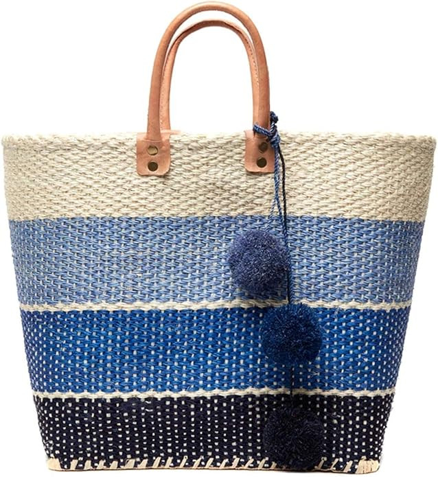 Mar Y Sol Samana Ombre Stripe Sisal Market Tote Straw XL Beach Bag w Pom Pom | Amazon (US)