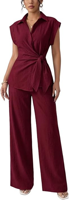 Womens Dressy Two Piece Sets Cap Sleeve Tie Waist Shirt Wide Leg Pants | Amazon (US)