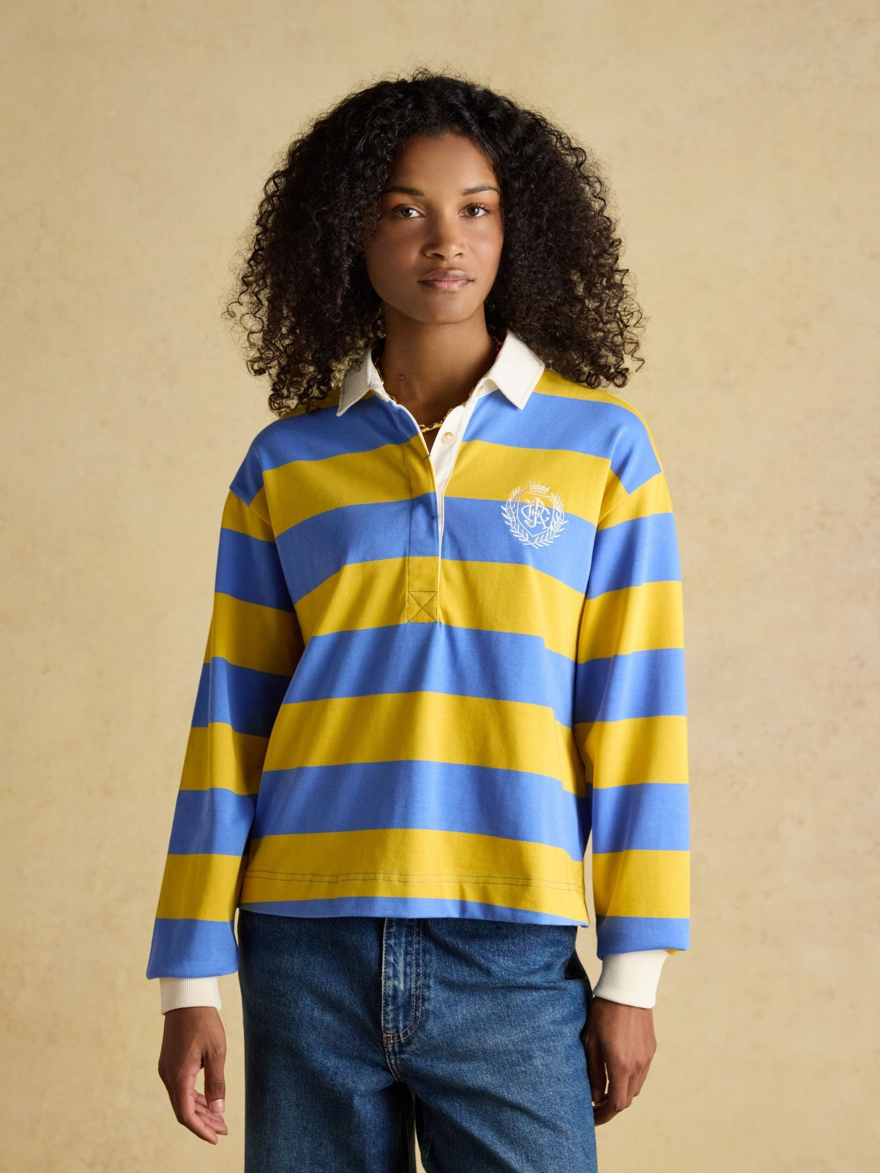 Lara Yellow and Blue Stripe Boxy Fit Rugby Shirt | Joules | Joules