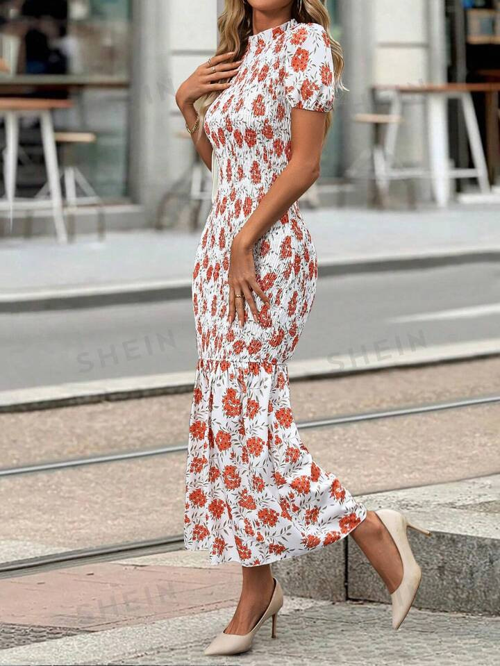 SHEIN Frenchy Digital Printed Puff Sleeve Mermaid Tail Hem Summer Dress | SHEIN